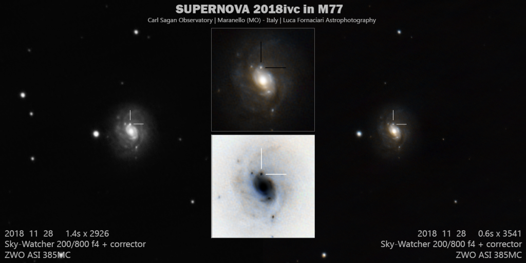 supernova 2018ivc nella galassia M77. Scatti singoli di 0.69 secondi per un totale di circa 40 minuti di segnale