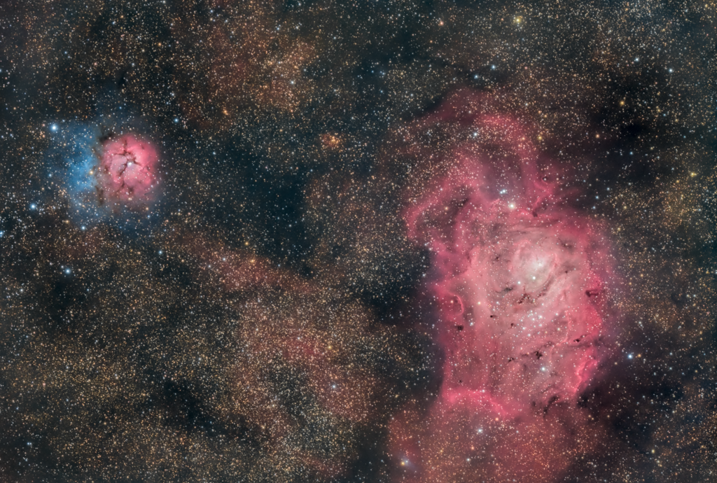 Nebulosa Trifida e Laguna M20, NGC 6514, M8, NGC 6523 Filtro Optolong L-Pro Recensione Sharpstar 86 SQ ZWO ASI 294