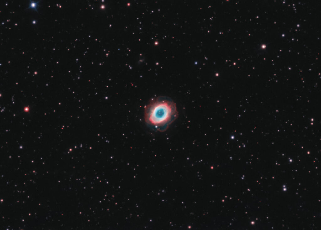 Nebulosa Anello In Ha e Oiii e Galassia IC 1296 bicolor nebulosa planetaria astrofotografia banda stretta narrowband