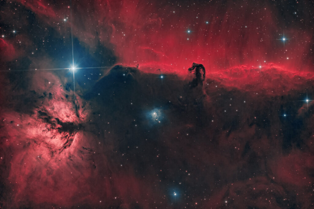 Nebulosa Testa di Cavallo IC 434 e Nebulosa Fiamma | Bicolor HOO con H-Alpha da 7nm e Oiii da 6.5nm | ZWO ASI 294MM Pro horsehead nebula Ha Ossigeno banda stretta alnitak hdr Fotografare la Nebulosa Testa di Cavallo IC 434