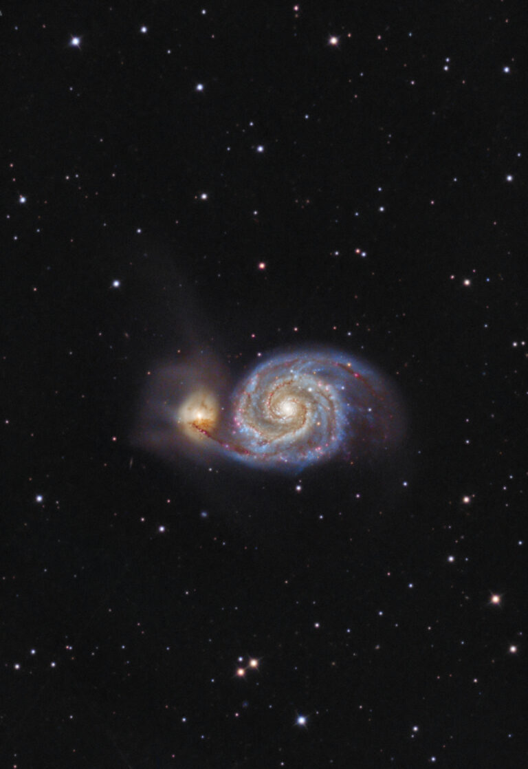 Galassia Vortice M51, Whirlpool Galaxy, 120'' L con QHY 268M e Tecnosky RC10 e colore da vecchia ripresa RGB nella costellazione boreale dei Cani da Caccia Astrofotografia su m51 la galassia vortice