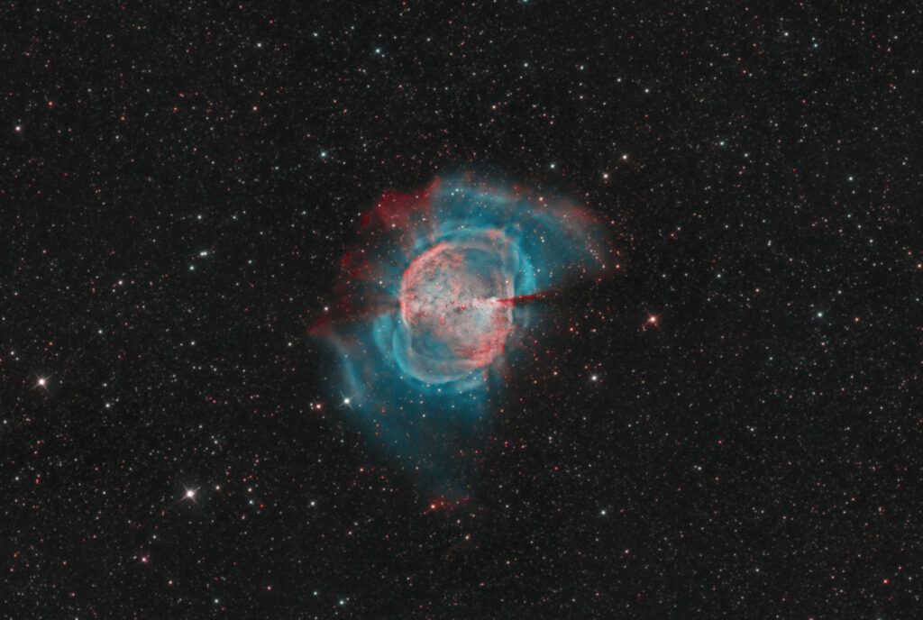 Nebulosa Planetaria Manubrio (Dumbbell) M 27 bicolor HOO in banda stretta, Antlia Ha da 3nm e Oiii da 3.5nm. Sky-Watcher 300 f/4 su EQ8-R Pro, H-Alpha: 31x600'' + Oiii 49x300''