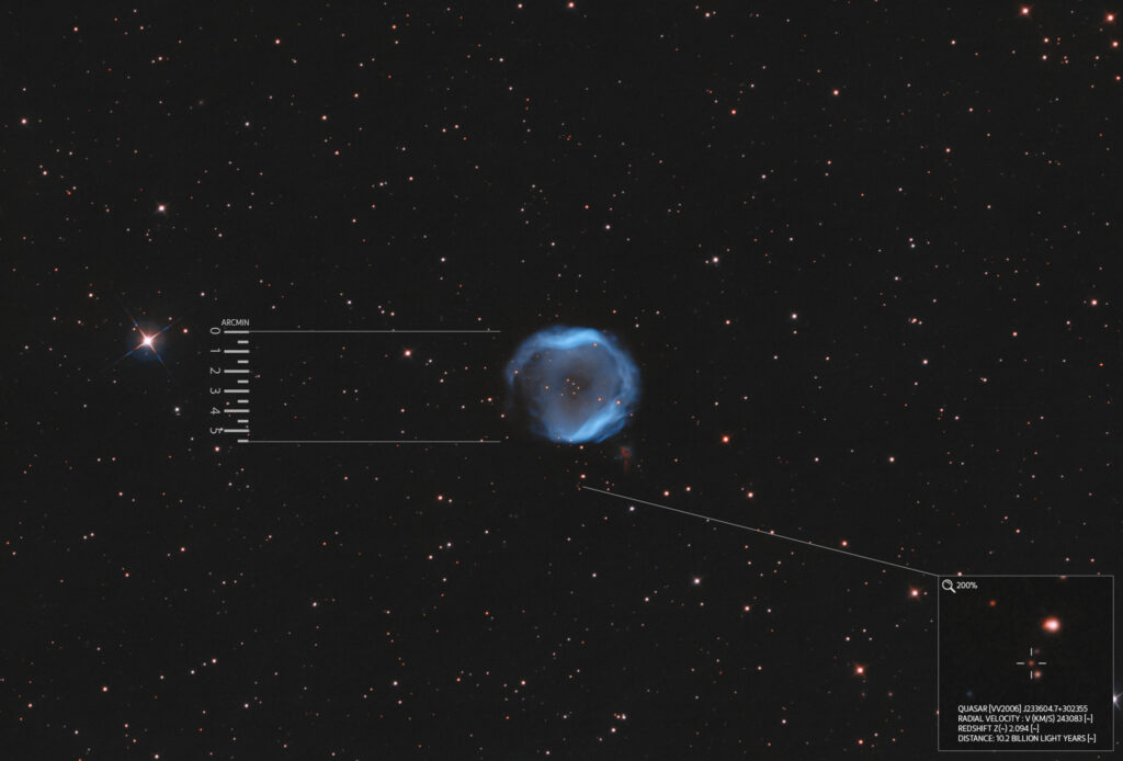 nebulosa planetaria PK 104-29.1 PK 104-29.1 planetary nebula jones 1nebulosa planetaria con Quasar [VV2006] J233604.7+302355 - Bicolor HOO con Ha 3nm e Oiii 3.5nm, con Sky-Watcher 300/1200 f/4 su EQ8R-Pro e ZWO ASI 294MM