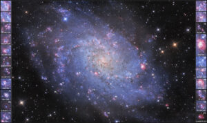 Galassia Triangolo M33 in Ha:OIIILRGB con le sue zone HII tra cui: NGC 604, NGC 588, IC 135, NGC 595, IC 131 e molte altre. Con Sky-Watcher 300/1200 f/4, ZWO ASI 294MM e Optolong L-Pro, R, G e B e filtri Antlia Ha 3nm e OIII 3.5nm