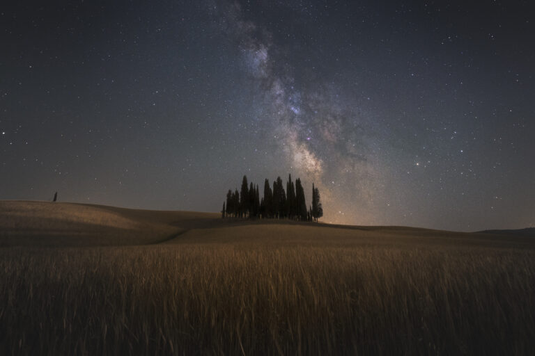 Via Lattea ai cipressi di San Quirico in Val d'Orcia Fotografare la Via Lattea in Val d'Orcia Corso di Fotografia Paesaggistica Notturna e Via Lattea