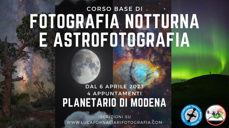 Corso base di fotografia notturna e astrofotografia star trail via lattea galassie nebulose macchina fotografica astroinseguitore telescopio Nuovo corso di Astrofotografia al Planetario di Modena