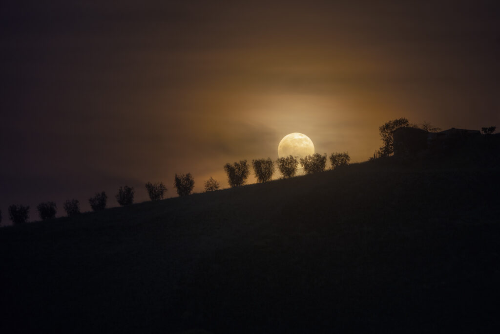 La Luna piena sorge tra le colline di Torre Maina (MO)