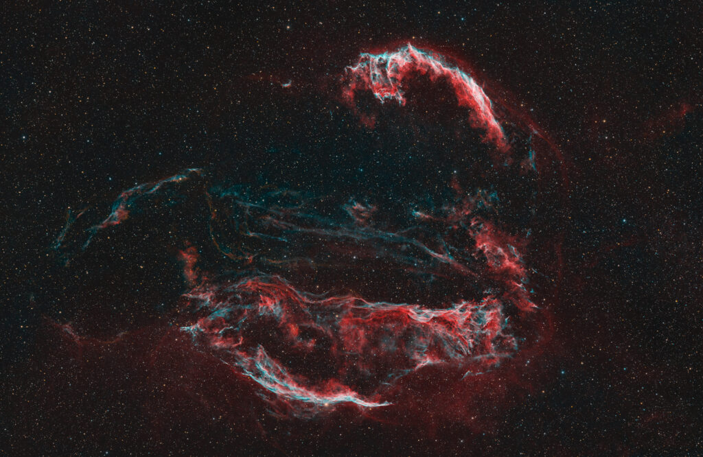 Fotografia della Nebulosa Velo intera a largo campo Nebulosa Velo Bicolor Ha 3nm e Oiii 3.5nm Antlia. NGC 6960, 6074, 6079, 6092, 6095 astrofotografia veil supernova remnant banda stretta narrowband intera
